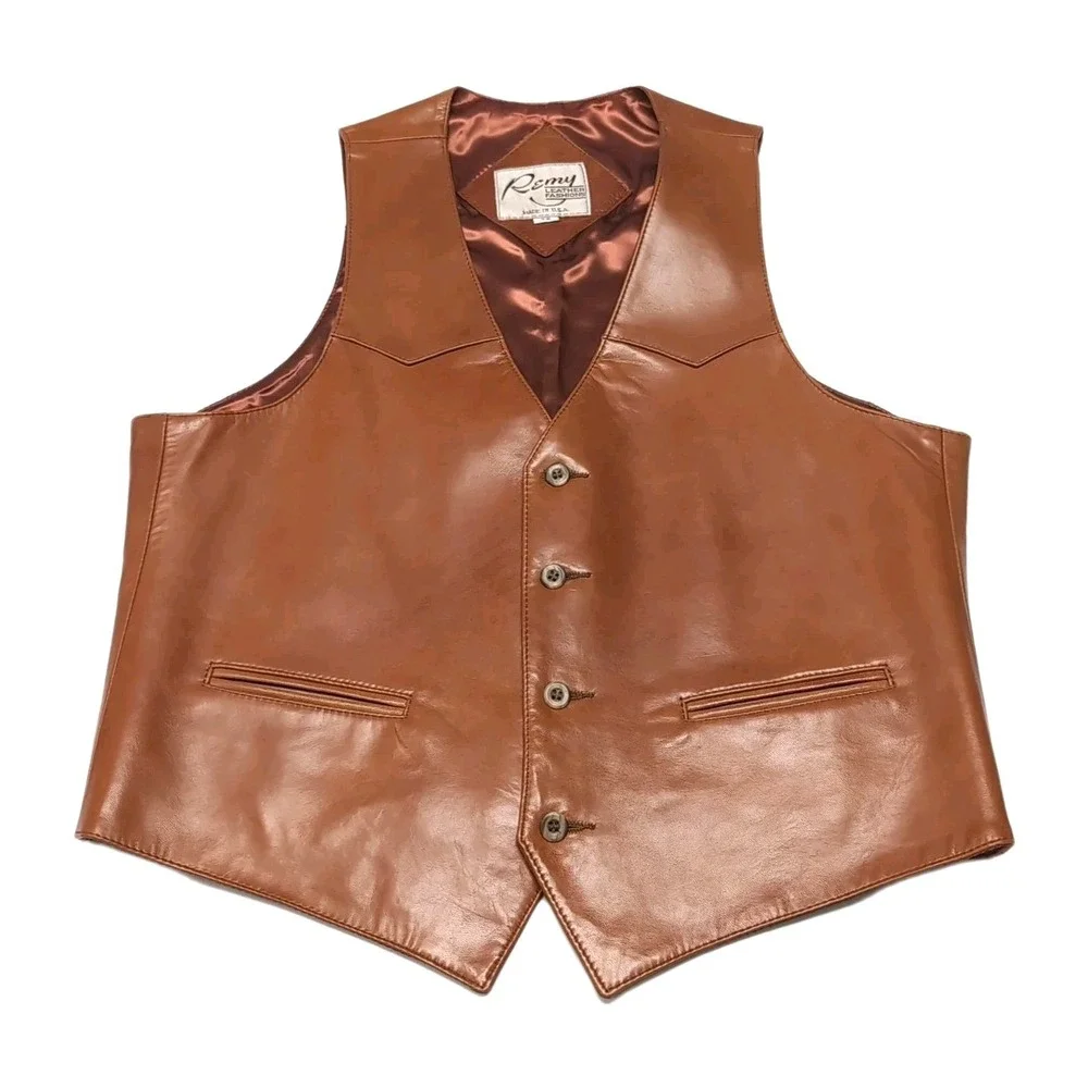 Vtg Remy Leather Fashions Leather Vest Mens 42 Cognac Brown Western‎ USA